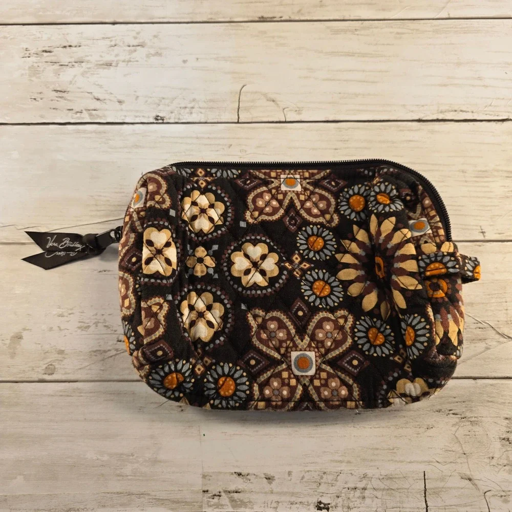 Vera‎ Bradley Night Owl Quilted Cotton Cosmetic Bag Makeup Travel Pouch Brown